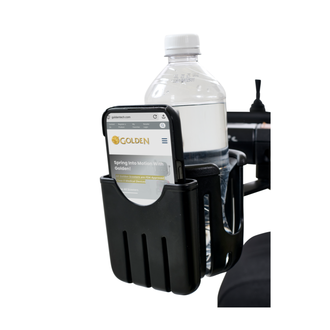 A phone and water bottle sit securely in a black holder on a mobility scooter handle, displaying a website with Golden on the screen, illustrating the convenience of Golden Tech Accessories For The Ally Powerchair.