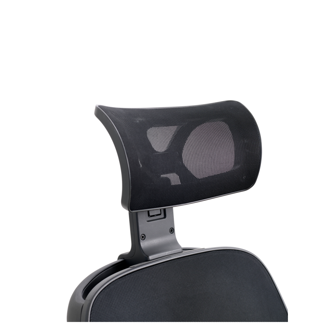 A close-up of the ergonomic Ally Powerchairs black mesh headrest, enhanced with Golden Tech Accessories. The adjustable headrest features a sleek, modern design for ultimate support and comfort against a plain white backdrop.