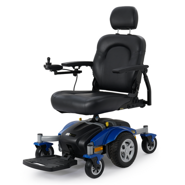 The Golden Tech GP605 Companion Sport Powerchair - Long Range is a blue and black motorized wheelchair with padded seat, backrest, armrests, footrests, a Dynamic LiNX right-arm controller, four wheels for mobility, and a springless articulating chassis for smooth movement.