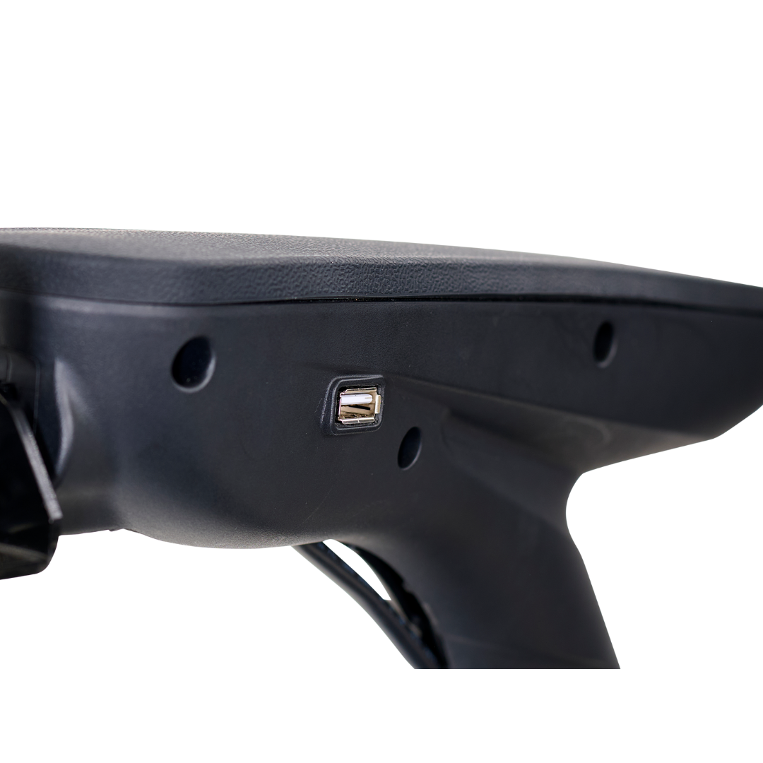 Close-up of the Golden Tech GP130 Buzzaround CarryOn Portable Powerchair, an ultra-compact black electronic device with a USB port. Its smooth, matte finish and sleek side view are set against a plain white background to emphasize its minimal yet sophisticated design.