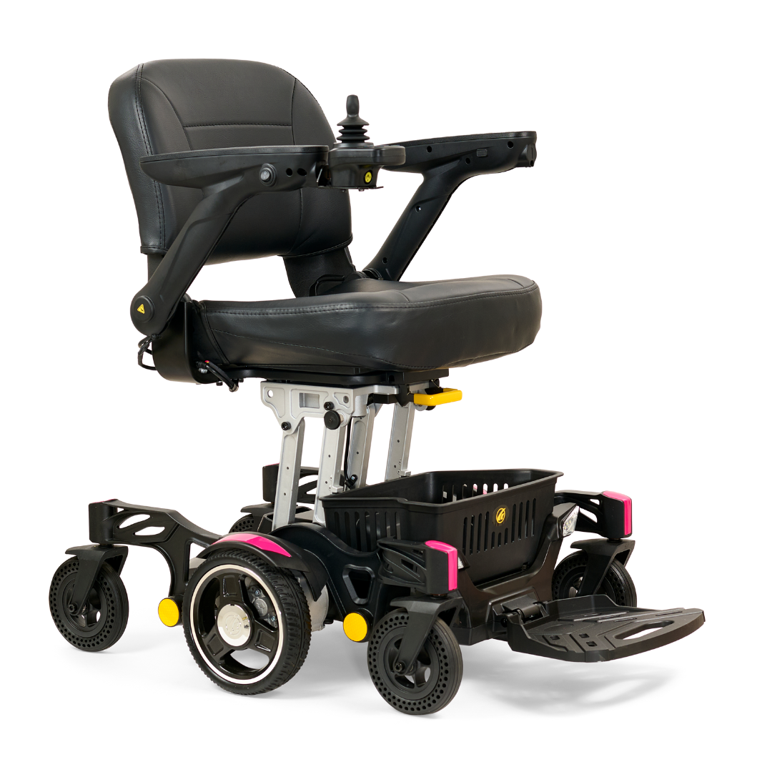 The Golden Tech GP130 Buzzaround CarryOn Portable Powerchair is a sleek black mobility scooter with a cushioned seat, armrests, small front and rear wheels, and a right-armrest joystick. Bright accents enhance its ultra-compact design.