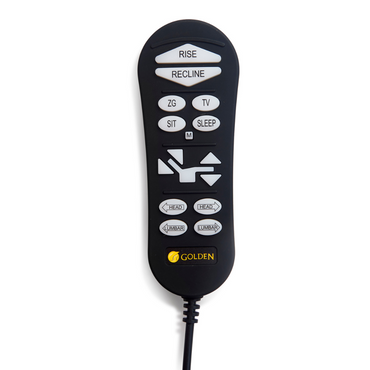 The Golden Technologies Lift Chair Remote Replacement features a corded black remote with white buttons for rise, recline, and sleep functions. It includes arrows and the Golden logo, representing innovation and AutoDrive Calibration support by Golden Technologies.