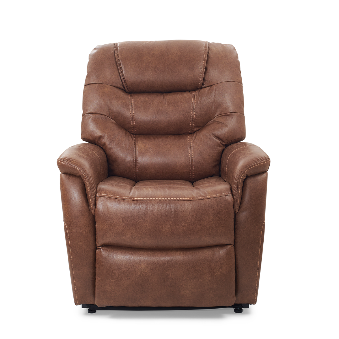 The Golden Tech PR446 DeLuna™ Dione Recliner with Lift Assist - Medium offers plush cushioning, a segmented backrest, MaxiComfort Positioning, and wide armrests for ultimate relaxation, all showcased against a crisp white background.