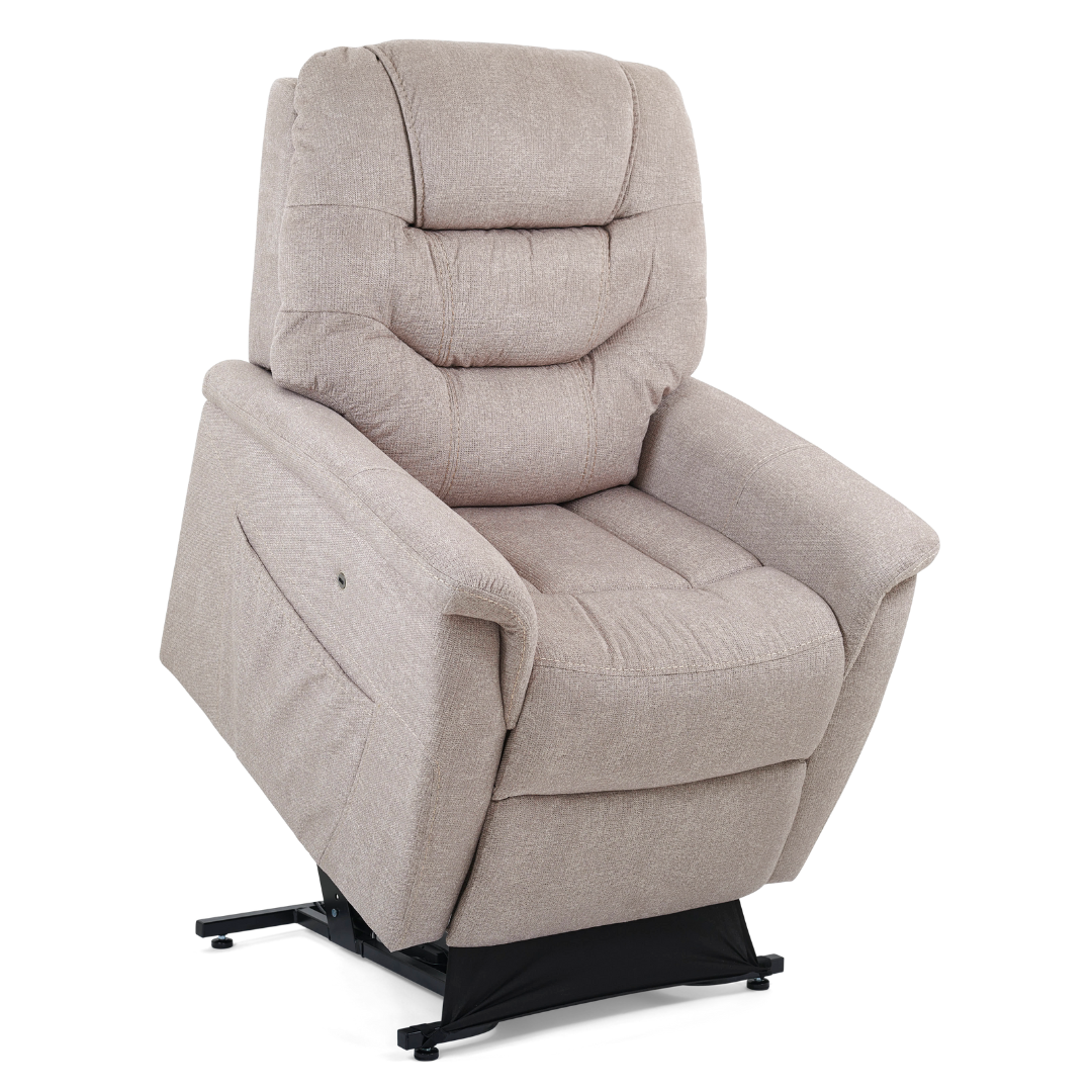 The Golden Tech PR446 DeLuna™ Dione Recliner with Lift Assist is a beige upholstered chair with plush cushioning, wide armrests, MaxiComfort positioning, and a black metal lift base to help users stand up safely.