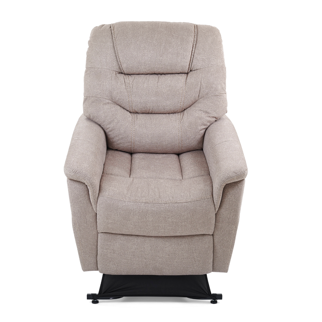 The Golden Tech PR446 DeLuna™ Dione Recliner with Lift Assist in beige boasts a high backrest, cushioned armrests, padded upholstery, and MaxiComfort Positioning for relaxation. It’s set against a white background.