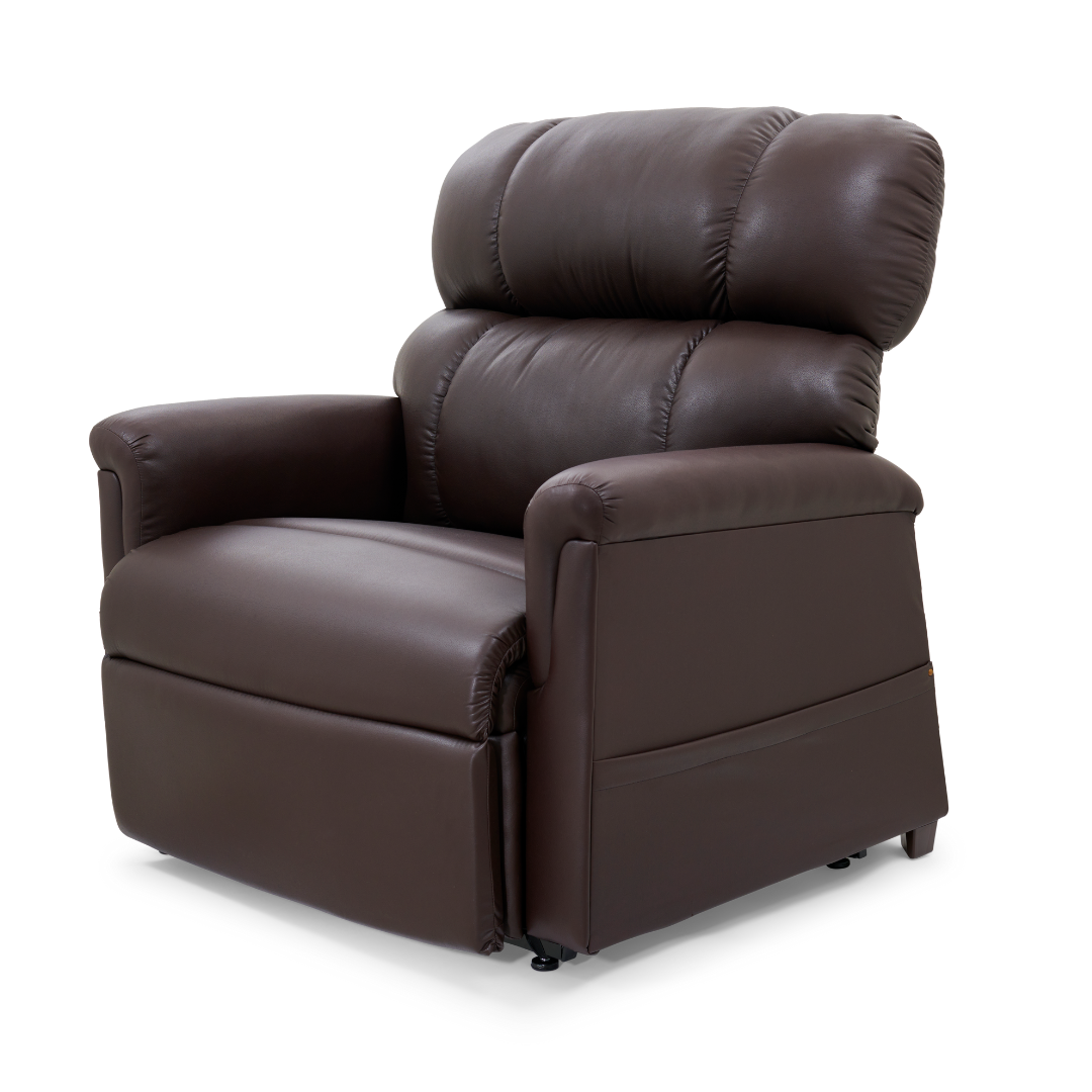 The Golden Tech PR535 MaxiComfort Recliner with Lift Assist is a plush brown leather chair featuring ergonomic support, padded armrests, backrest, and seat, showcased against a white background.