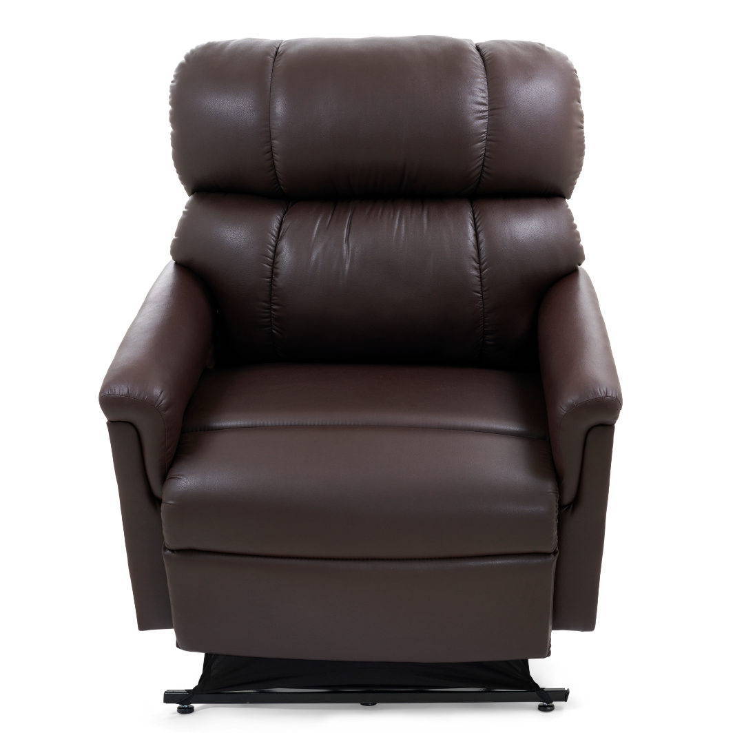 The Golden Tech PR535 MaxiComfort Recliner w/ Lift Assist is a large, dark brown leather chair with plush armrests, a high padded backrest, and ergonomic support, designed for ultimate relaxation and easy front access.
