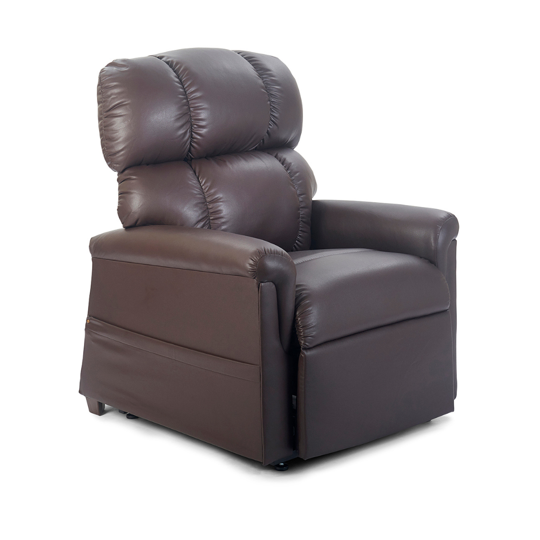 The Golden Tech PR535 MaxiComfort Recliner w/ Lift Assist is a plush, dark brown leather chair with thick padded cushions and ergonomic support on the backrest, seat, and armrests, shown against a white background.