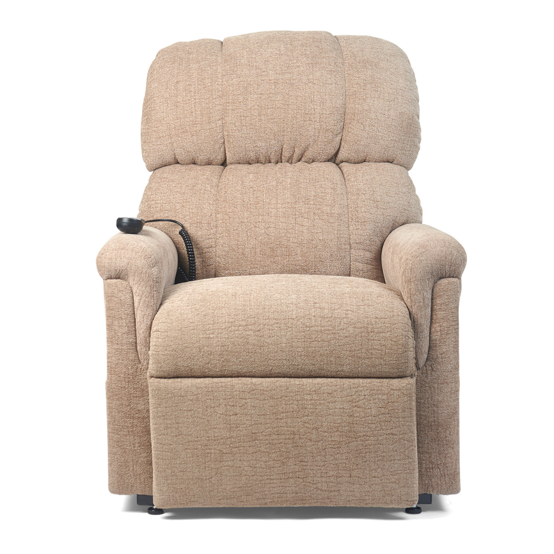 The Golden PR531 Comforter Recliner w/ Lift Assist is a beige upholstered chair with plush cushions, front view. A remote on the left armrest allows personalized comfort. The recliner is shown against a white background.