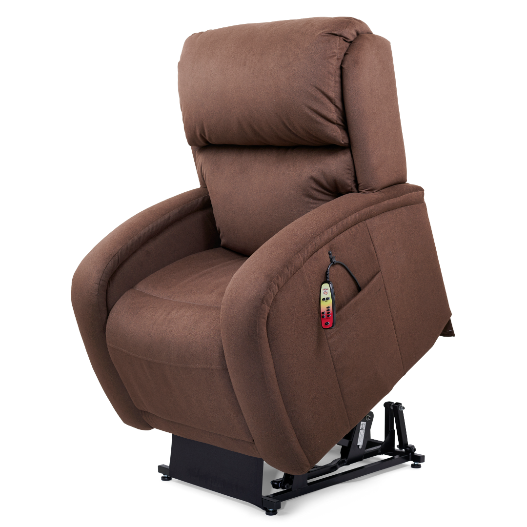 The Golden Tech PR761 EZ Sleeper Recliner with Lift Assist & Twilight Recline, in brown upholstery, is angled to highlight its 5-Zone Comfort System. With thick padded backrests and armrests plus a side remote, its impressive lift capability is effortlessly showcased.