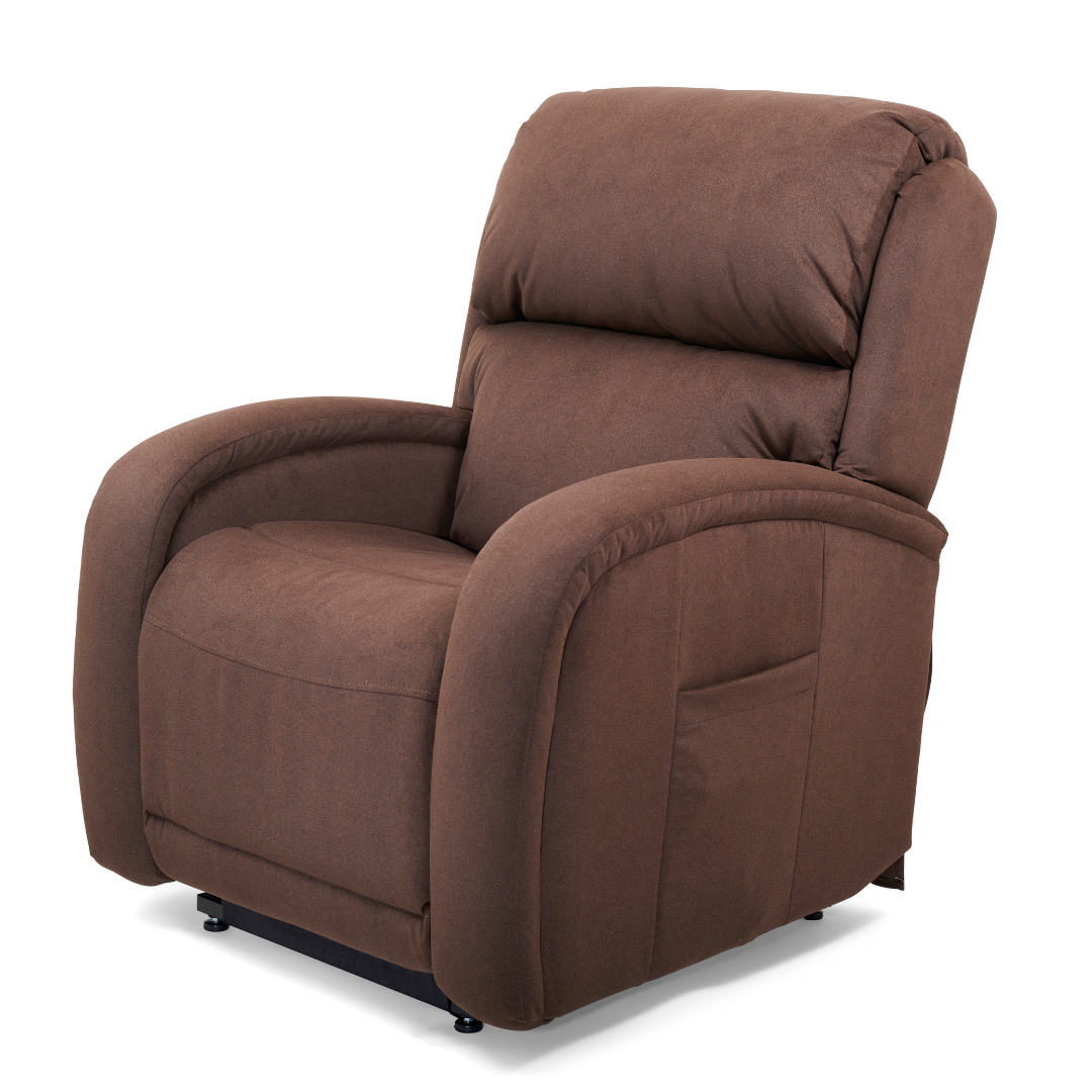 The Golden Tech PR761 EZ Sleeper Recliner with Lift Assist & Twilight Recline is a plush, brown chair with padded armrests, a cushioned backrest slightly angled left, soft fabric finish, side pocket, and an advanced 5-Zone Comfort System for ultimate relaxation.