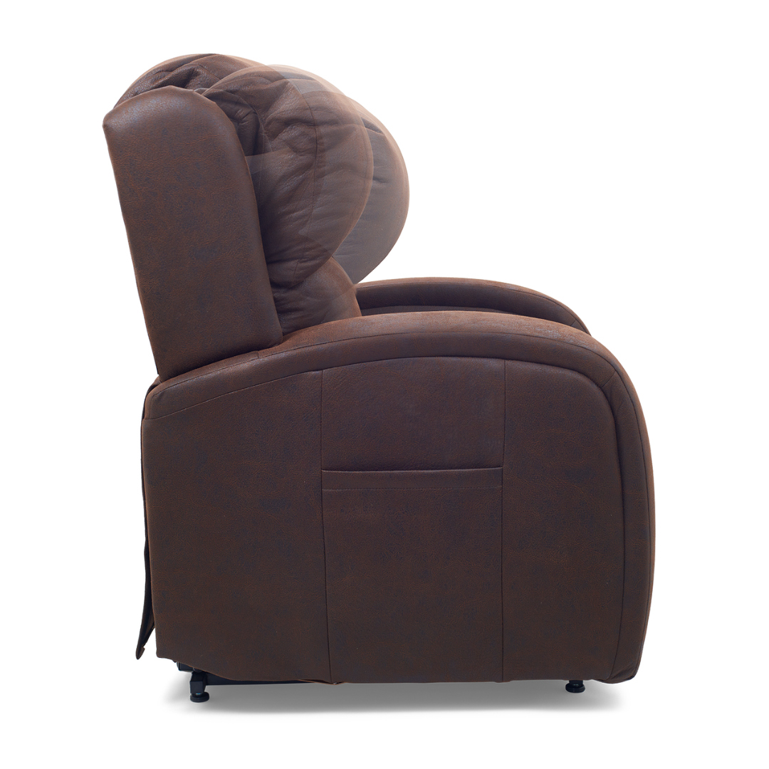 Side view of the Golden Tech PR761 EZ Sleeper Recliner with Lift Assist & Twilight Recline, showcasing its movement mechanism as it transitions from upright to reclined. It features a 5-Zone Comfort System and includes a convenient side pocket for storage.