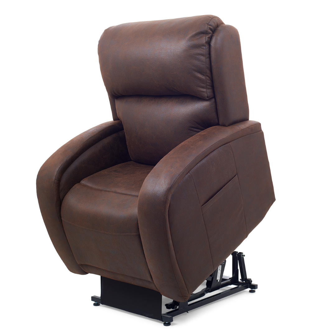 The Golden Tech PR761 EZ Sleeper Recliner with Lift Assist & Twilight Recline is a brown leather chair with plush cushions and wide armrests, shown in a standing position. It features Twilight Tilt Technology and a 5-Zone Comfort System, supported by a visible metal base for ultimate relaxation.