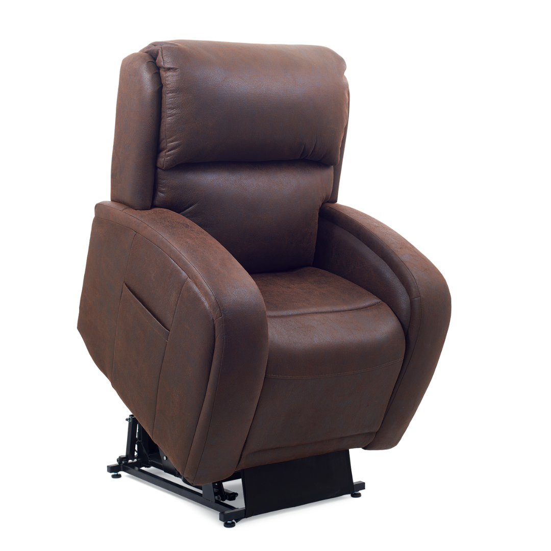 The Golden Tech PR761 EZ Sleeper Recliner features a brown leather design with padded armrests and a tilted backrest. Its motorized base and 5-Zone Comfort System highlight the lift-assist and Twilight Recline, showing its ideal for standing up easily.