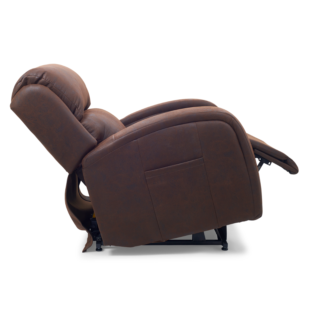 The Golden Tech PR761 EZ Sleeper Recliner with Lift Assist and Twilight Recline features a brown leather design with plush cushions, armrests, high back, and an outward-extending footrest for effortless relaxation.