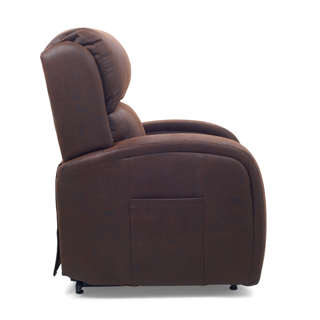 Side view of a brown leather Golden Tech PR761 EZ Sleeper Recliner with Lift Assist & Twilight Recline, boasting plush cushioning, an upright backrest, and advanced recline. A small side pocket provides storage. Set against a plain white background.