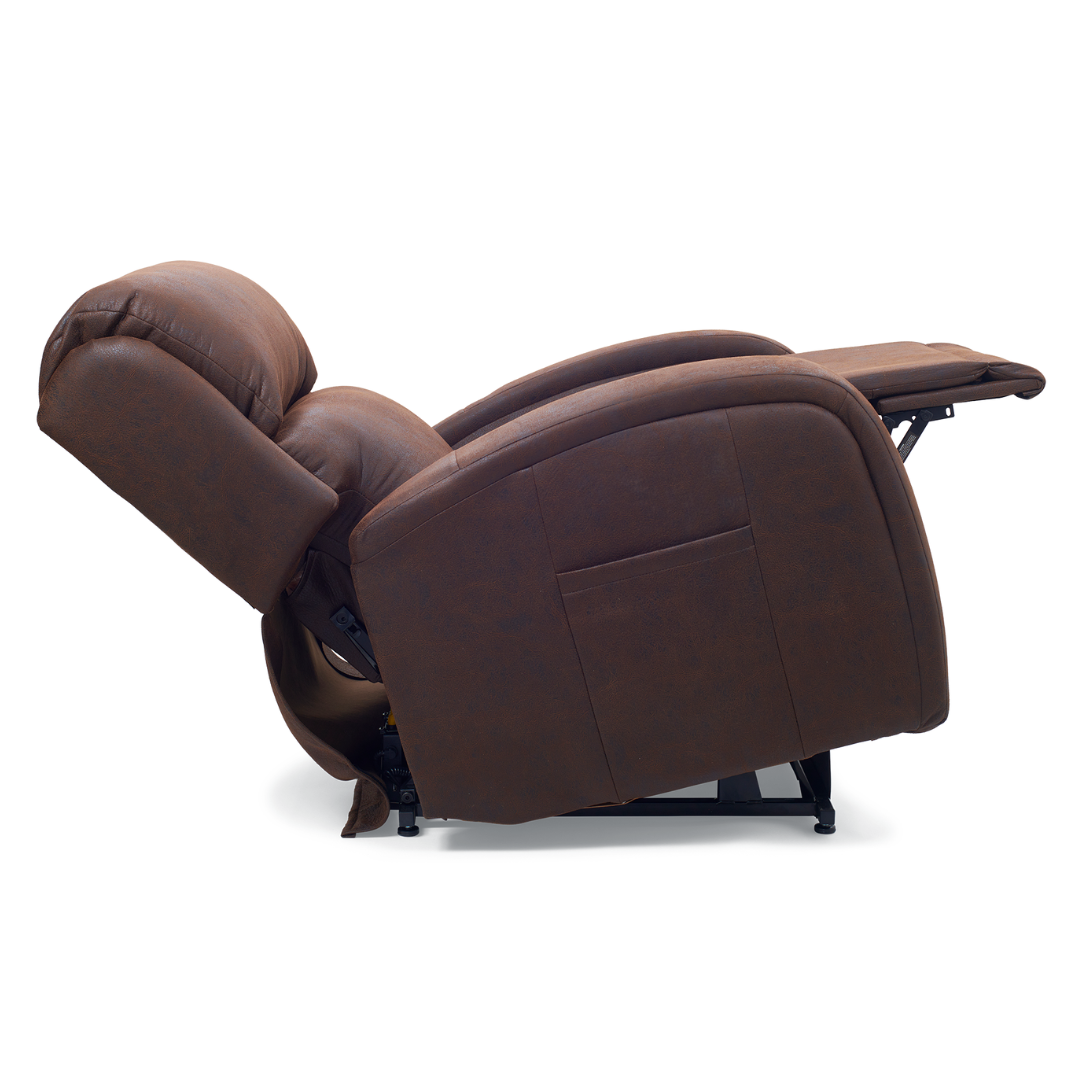 Side view of the Golden Tech PR761 EZ Sleeper Recliner in full recline, highlighting its Twilight Tilt Technology. It offers enhanced relaxation with padded armrests, a cushioned headrest, and an extended footrest for ultimate comfort.