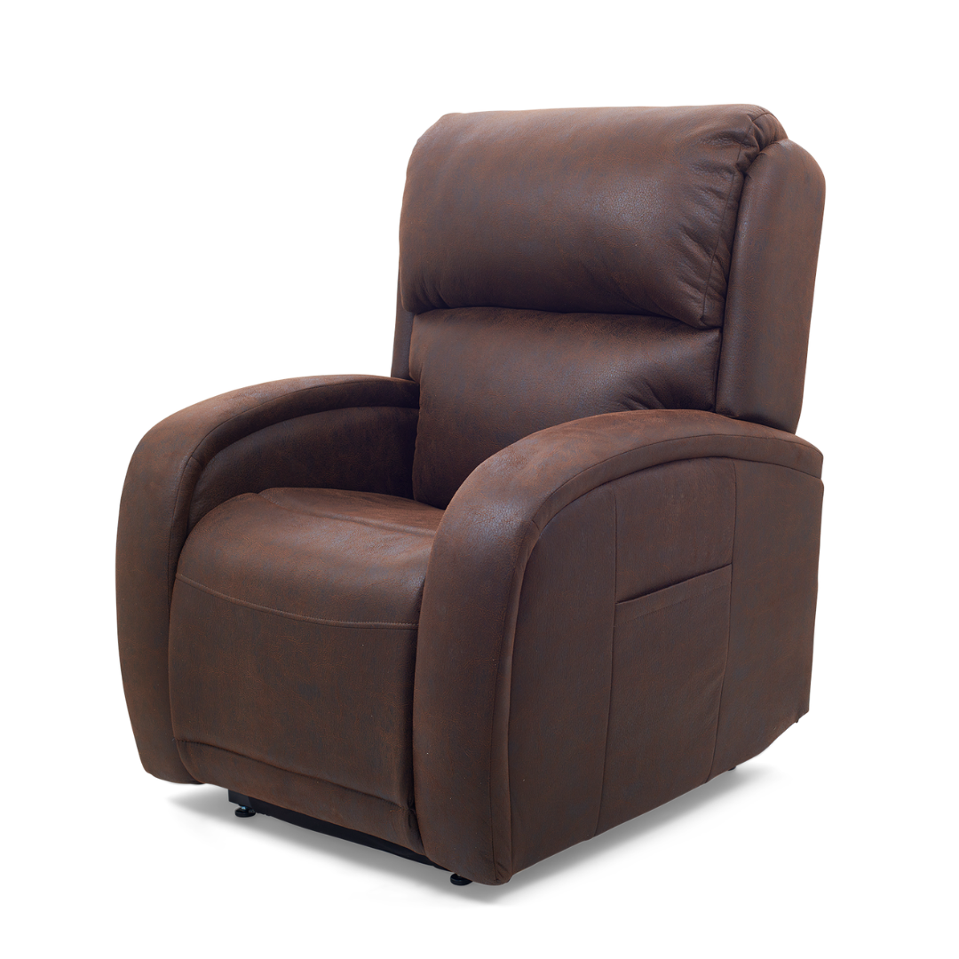 The Golden Tech PR761 EZ Sleeper Recliner boasts brown leather, Twilight Recline technology, a 5-Zone Comfort System, padded armrests, thick cushions in a slightly curved design, and is set against a white background.