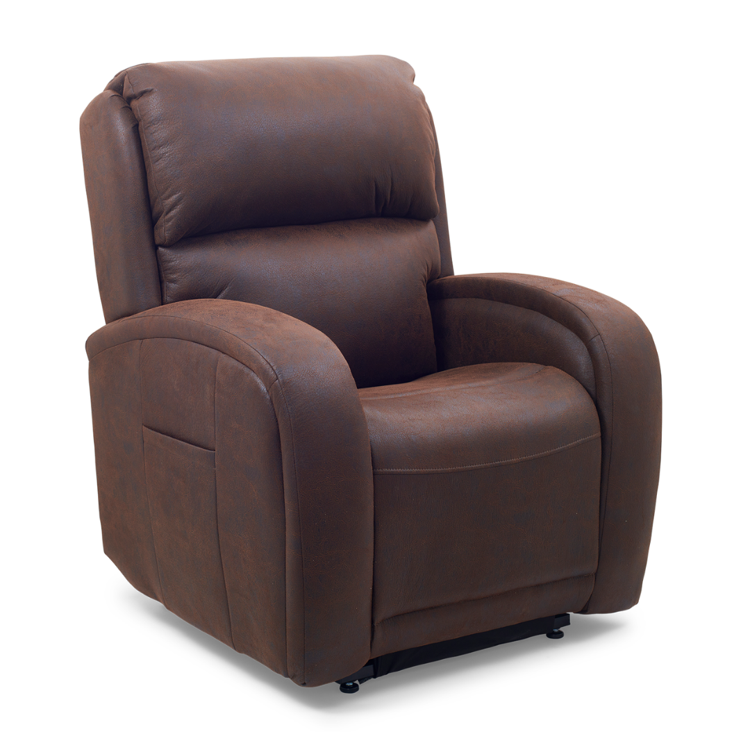 The Golden Tech PR761 EZ Sleeper Recliner is a plush brown leather chair with padded armrests, a high backrest, power lift assist, Twilight recline function, side pocket, and subtle stitching for a comfortable look.