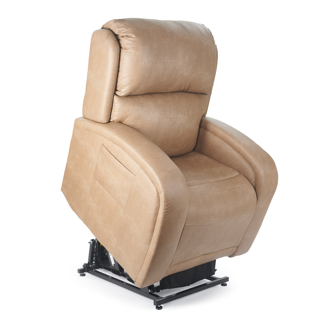 The Golden Tech PR761 EZ Sleeper Recliner in beige, shown partially raised, features plush upholstery, padded armrests, and a side pocket. Its 5-Zone Comfort System offers users comfortable standing or reclining with lift assist and twilight recline options.