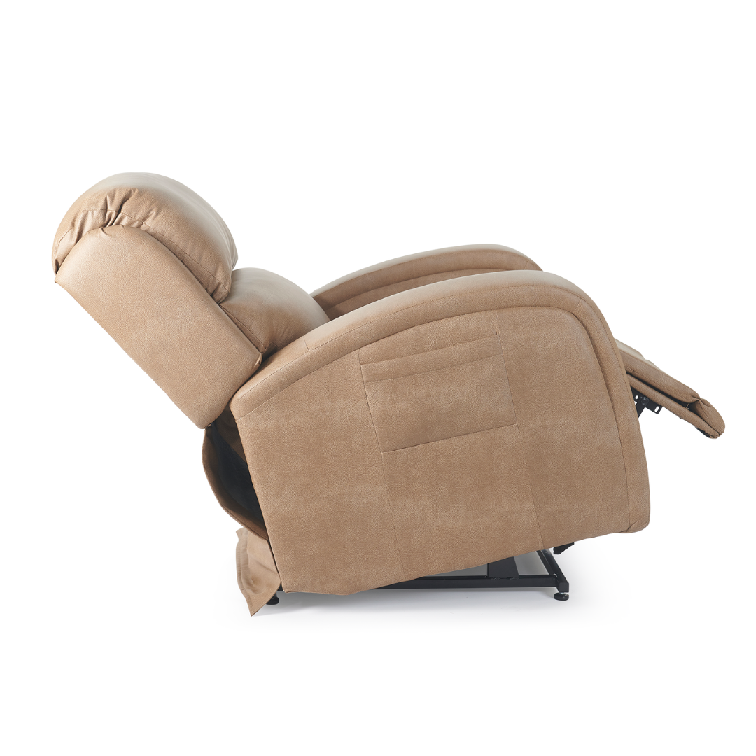 The Golden Tech PR761 EZ Sleeper Recliner with Lift Assist & Twilight Recline is shown in side view, fully reclined with a tilted backrest and extended footrest, featuring plush cushioning and soft fabric upholstery, all on a sturdy black metal base.