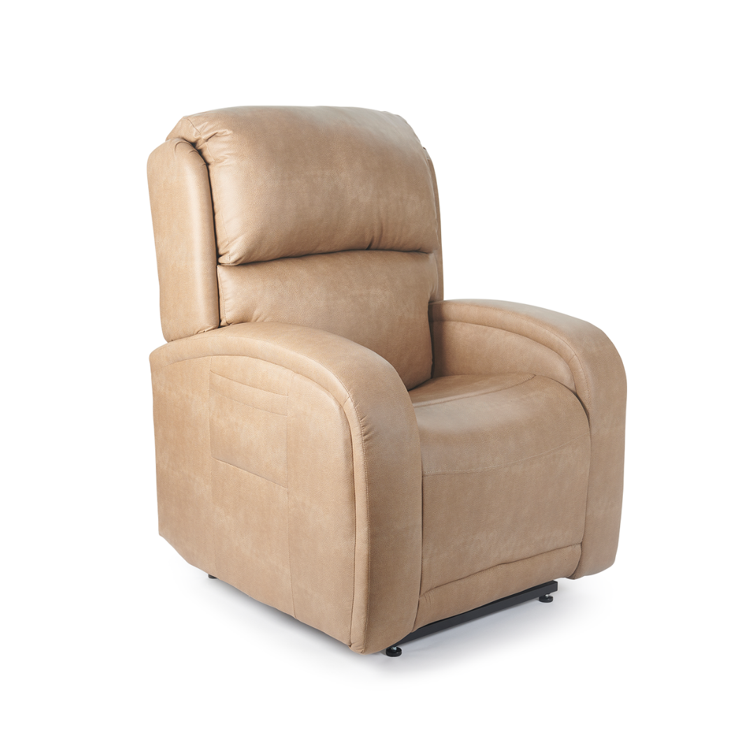 The Golden Tech PR761 EZ Sleeper Recliner is a light brown power lift chair with plush cushioning, rounded armrests, and a high backrest. Featuring built-in footrest and Twilight Tilt Technology, it provides comfort and optimal relaxation at any angle.