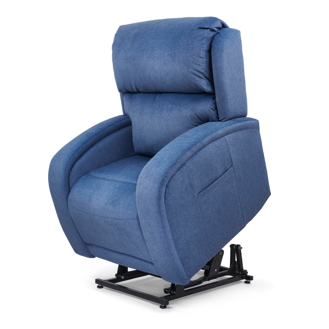 The Golden Tech PR761 EZ Sleeper Recliner, featuring lift assist and Twilight Recline, boasts a plush blue upholstery with wide padded arms and an extended backrest. Elevated on a black metal lift mechanism, it combines style and convenience effortlessly.