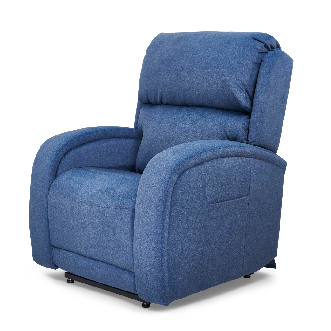 The Golden Tech PR761 EZ Sleeper Recliner combines lift assist with Twilight Recline, set against a white background. It offers cushioned armrests, a high backrest, and a side pocket for storage, providing both style and functionality in one elegant blue fabric recliner chair.