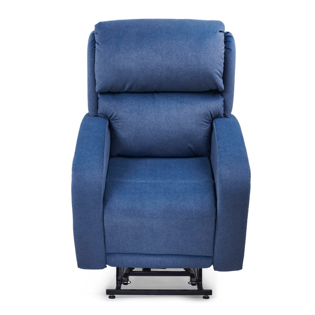 The Golden Tech PR761 EZ Sleeper Recliner is showcased with a cushioned backrest, seat, and armrests in blue upholstery. It features the 5-Zone Comfort System and has a visible metal base for its Power Lift Recliner mechanism.