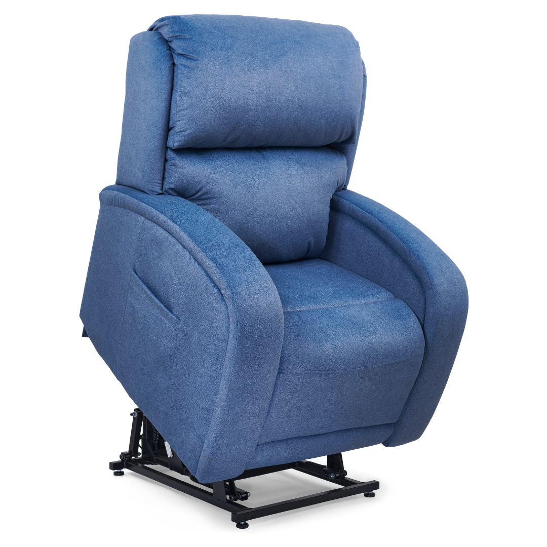 The Golden Tech PR761 EZ Sleeper Recliner with Lift Assist & Twilight Recline, in blue, showcases plush cushions and armrests while in a lifted position. This chair features a robust metal base and the 5-Zone Comfort System for an improved sitting and standing experience.