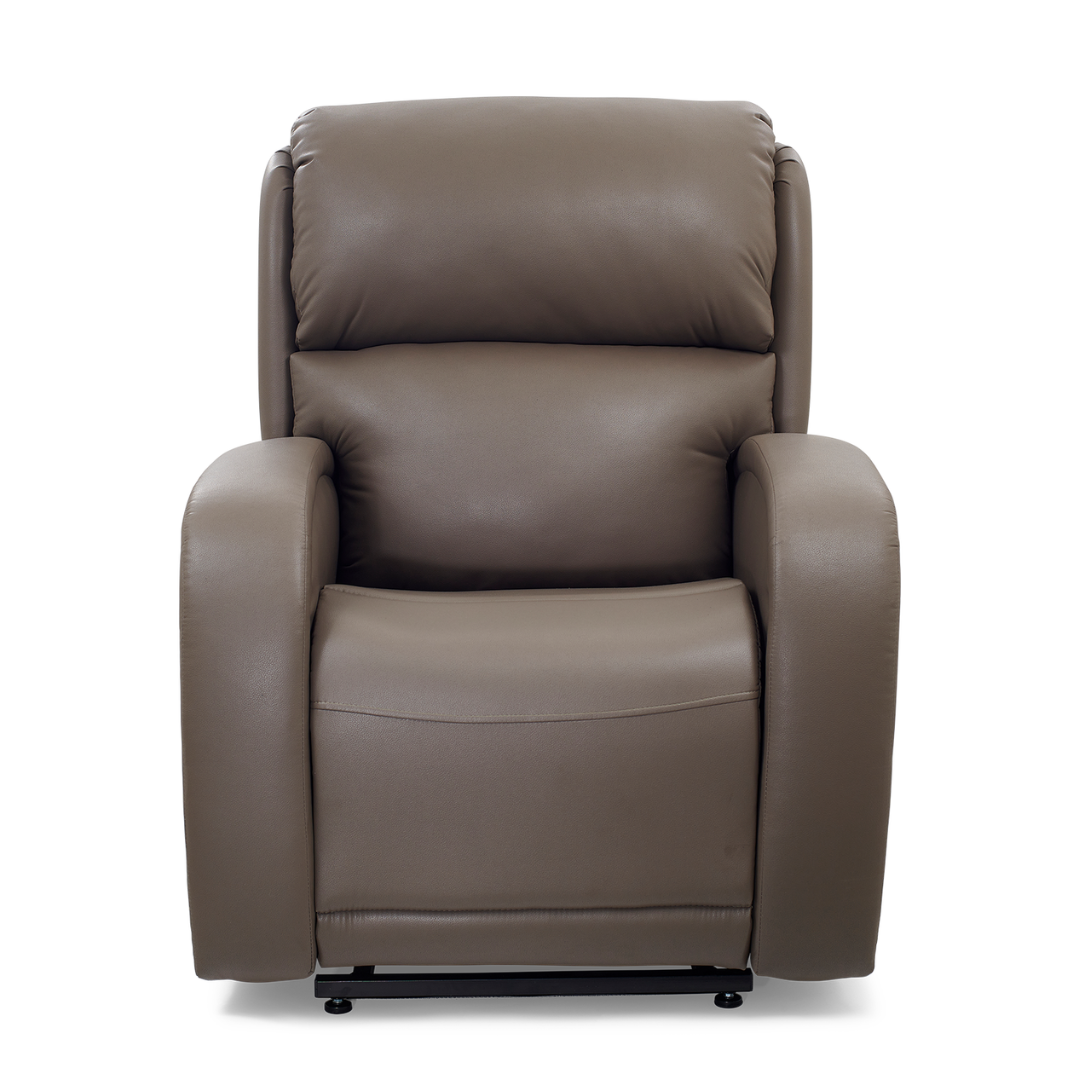 The Golden Tech PR761 EZ Sleeper Recliner with Lift Assist & Twilight Recline is a brown leather power lift recliner featuring plush cushioning, wide armrests, and an adjustable backrest enhanced by MaxiComfort Positioning. It stands against a plain white background, facing forward.