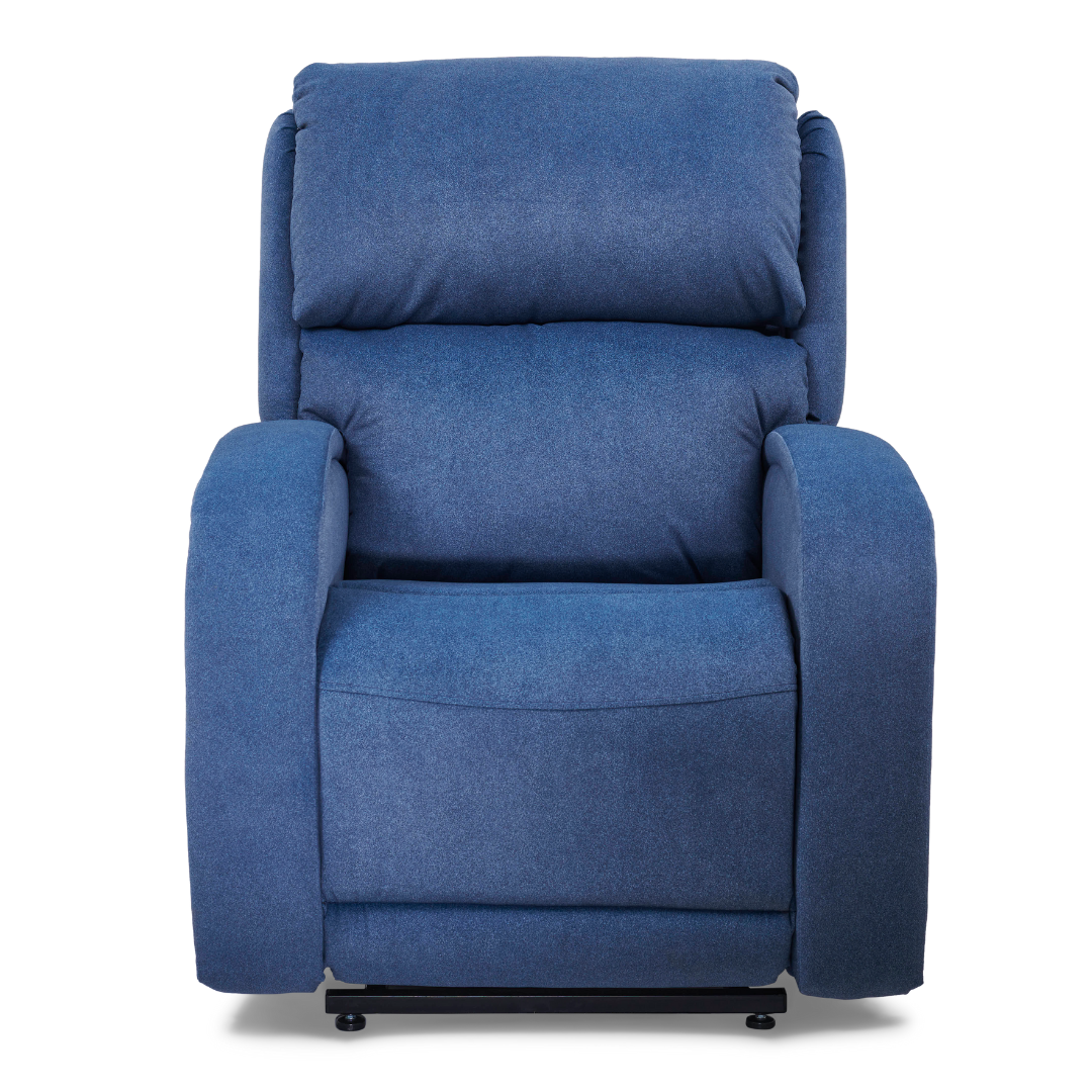 The Golden Tech PR761 EZ Sleeper Recliner features a blue upholstery with wide armrests, plush cushioning, and a high backrest. It includes Lift Assist, Twilight Tilt Technology, and a footrest for supreme comfort, all set against a plain white background.