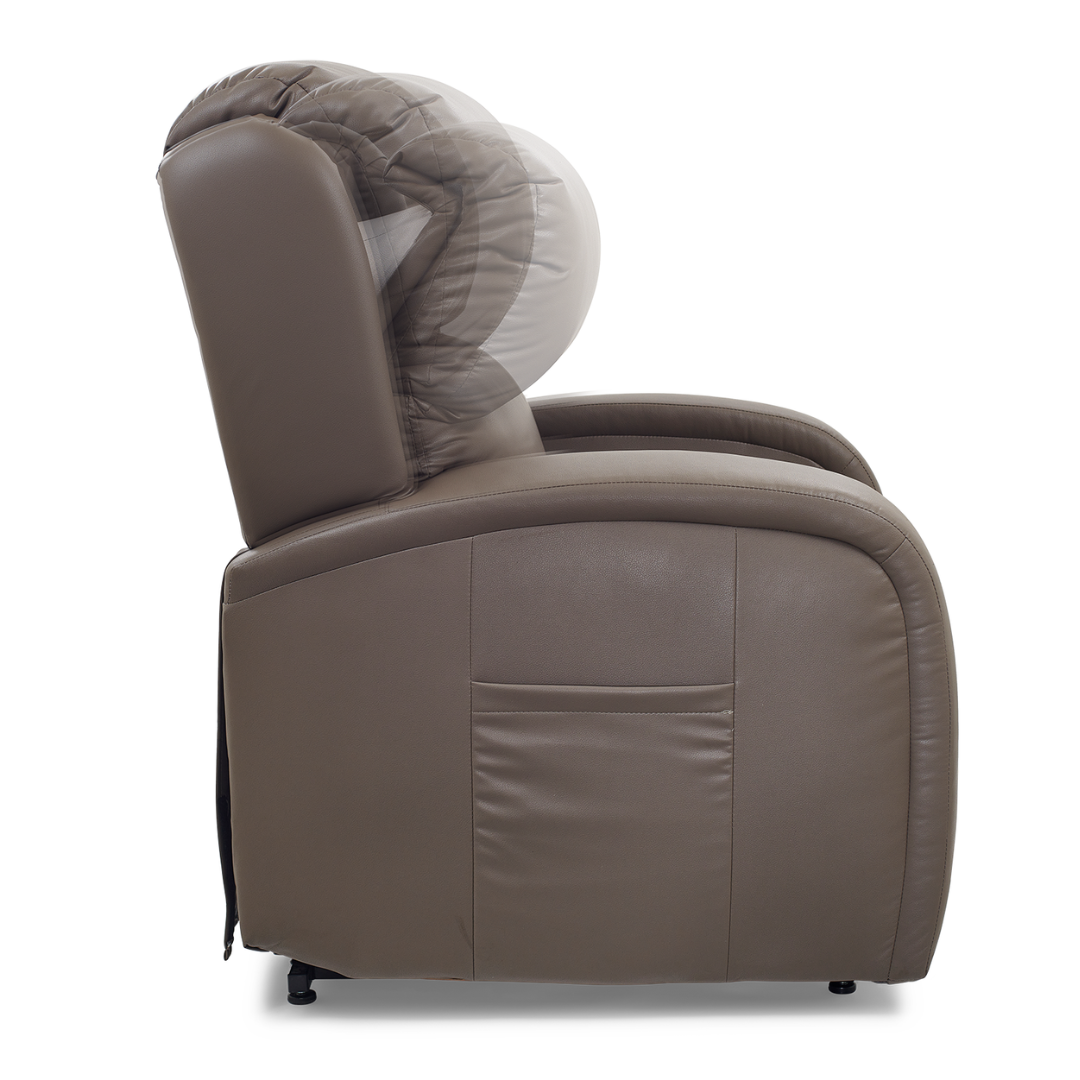 Side view of a Golden Tech PR761 EZ Sleeper Recliner with Lift Assist & Twilight Recline, showcasing motion blur to illustrate movement. The brown chair features plush cushioning, an extended footrest, and a side pocket, shown in both upright and reclined positions.