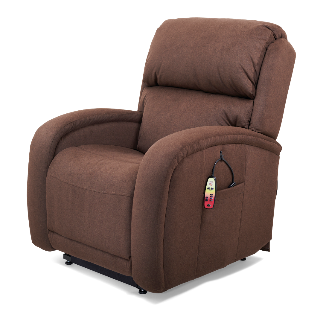 The Golden Tech PR761 EZ Sleeper Recliner with Lift Assist & Twilight Recline is brown, features MaxiComfort Positioning, has a remote with red and yellow buttons for easy use on the side, and includes soft, padded armrests along with a high backrest.