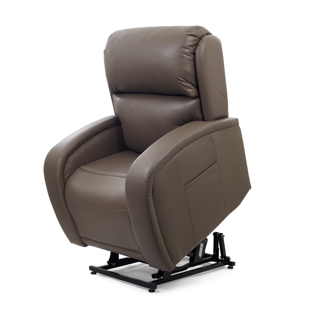 The Golden Tech PR761 EZ Sleeper Recliner with Lift Assist & Twilight Recline features plush padding and Twilight Tilt Technology, shown partially elevated. Its smooth brown leather surface, wide armrests, and black metallic base ensure personalized comfort and adjustable relaxation.
