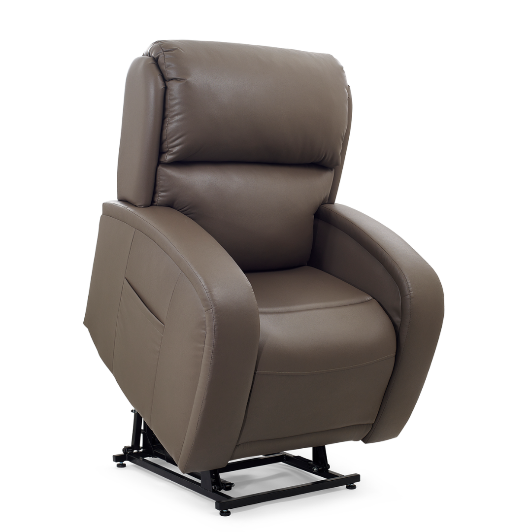 The Golden Tech PR761 EZ Sleeper Recliner, in brown leather, features plush backrest and armrests on a black metal lift mechanism. With Twilight Recline for enhanced relaxation, it promises ultimate comfort and support, ideal for unwinding or assisting with standing.