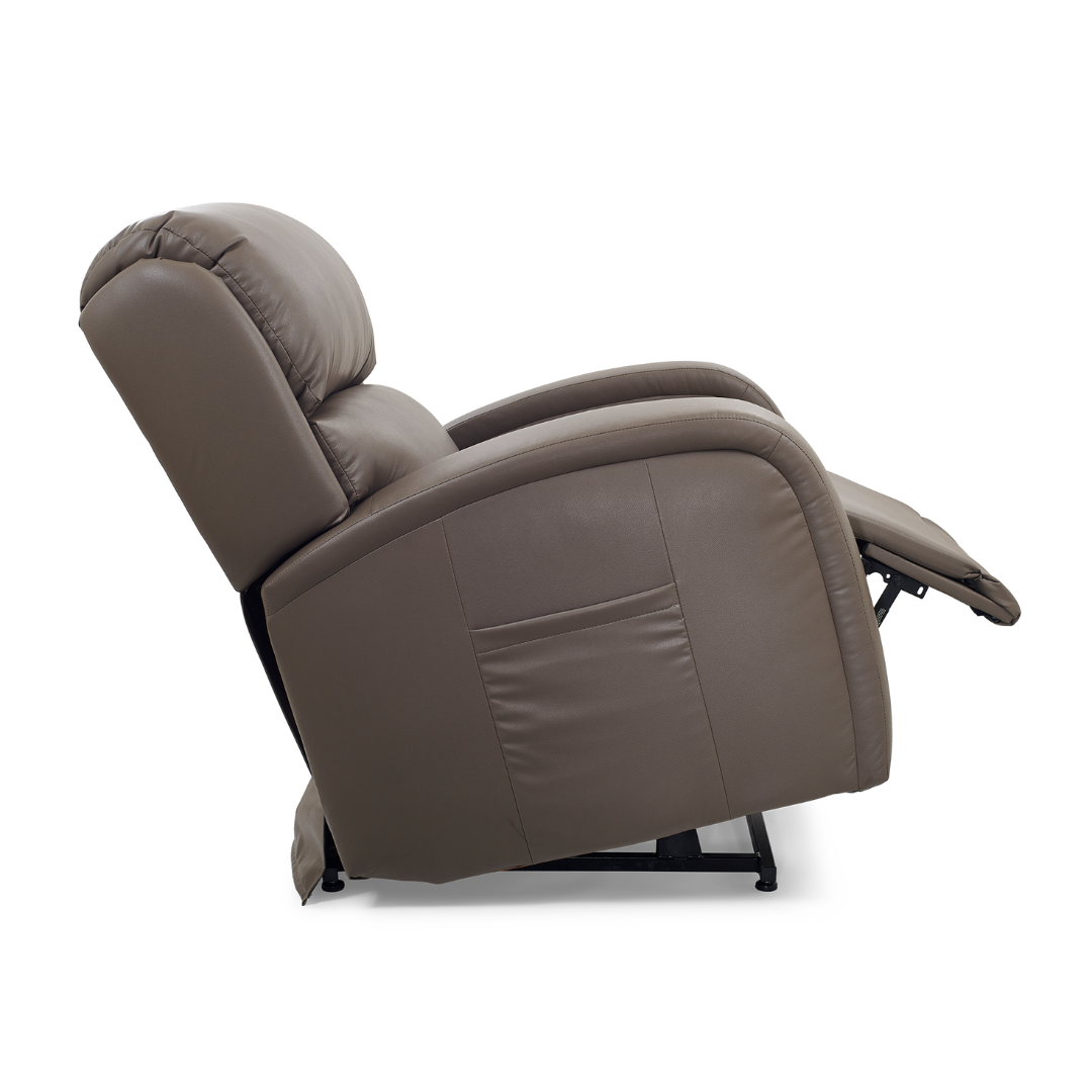 The Golden Tech PR761 EZ Sleeper Recliner with Lift Assist and Twilight Recline is a sleek brown leather chair featuring cushioned armrests and an extended footrest, showcasing advanced positioning technology on a pristine white background for ultimate relaxation.