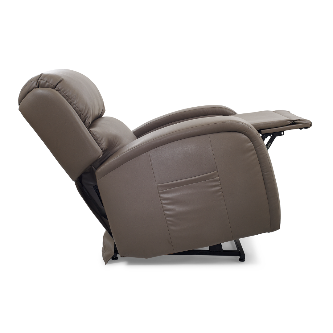 The Golden Tech PR761 EZ Sleeper Recliner with Lift Assist & Twilight Recline features a soft, cushioned backrest, armrests, and extended footrest on a metal frame with the luxurious 5-Zone Comfort System for optimal relaxation when fully reclined and angled to the side.