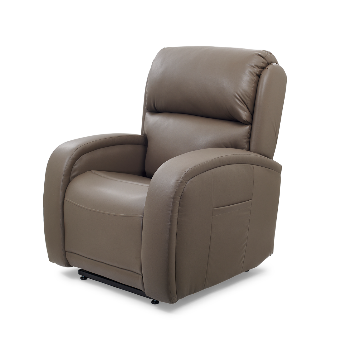 A brown leather recliner with padded armrests and a cushioned backrest is set against a white background. This Golden Tech PR761 EZ Sleeper Recliner features power lift assist, Twilight Recline, a sleek modern design, and smooth leather upholstery.