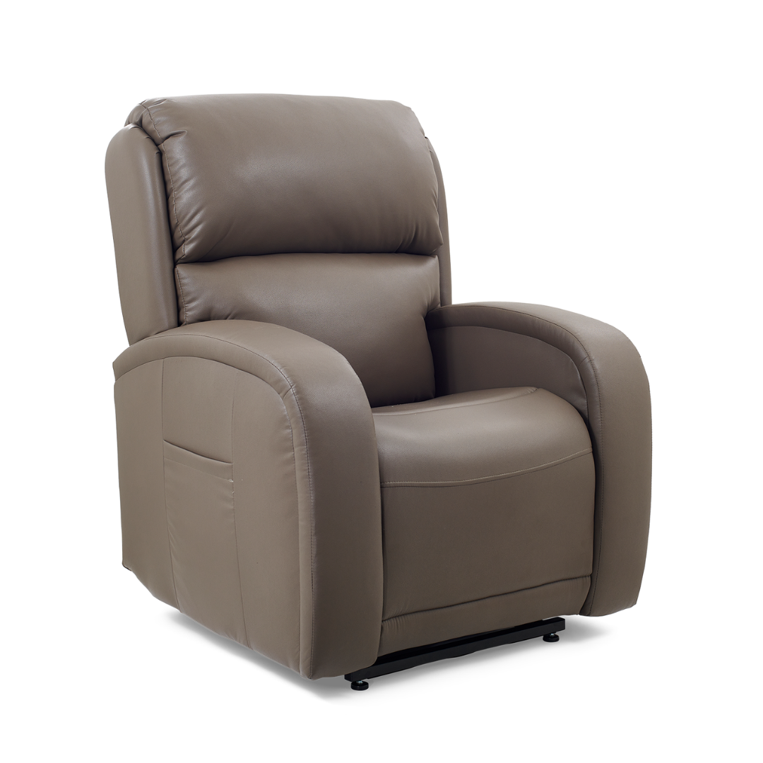 The Golden Tech PR761 EZ Sleeper Recliner with Lift Assist & Twilight Recline, a brown leather power lift chair with cushioned armrests and high backrest, enhanced by the 5-Zone Comfort System, sits elegantly against a white background.