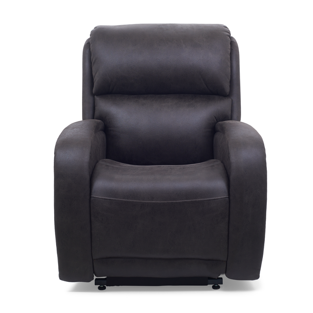 Front view of the Golden Tech PR761 EZ Sleeper Recliner in dark brown leather, featuring lift assist, twilight recline, and 5-Zone Comfort System for optimal relaxation, plush backrest and broad armrests set against a plain white background.