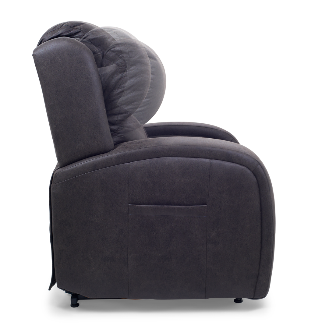 Side view of the dark brown Golden Tech PR761 EZ Sleeper Recliner with Lift Assist against a white background. The chair’s backrest highlights its MaxiComfort Positioning and Twilight Tilt Technology, showcasing its versatile reclining functions.