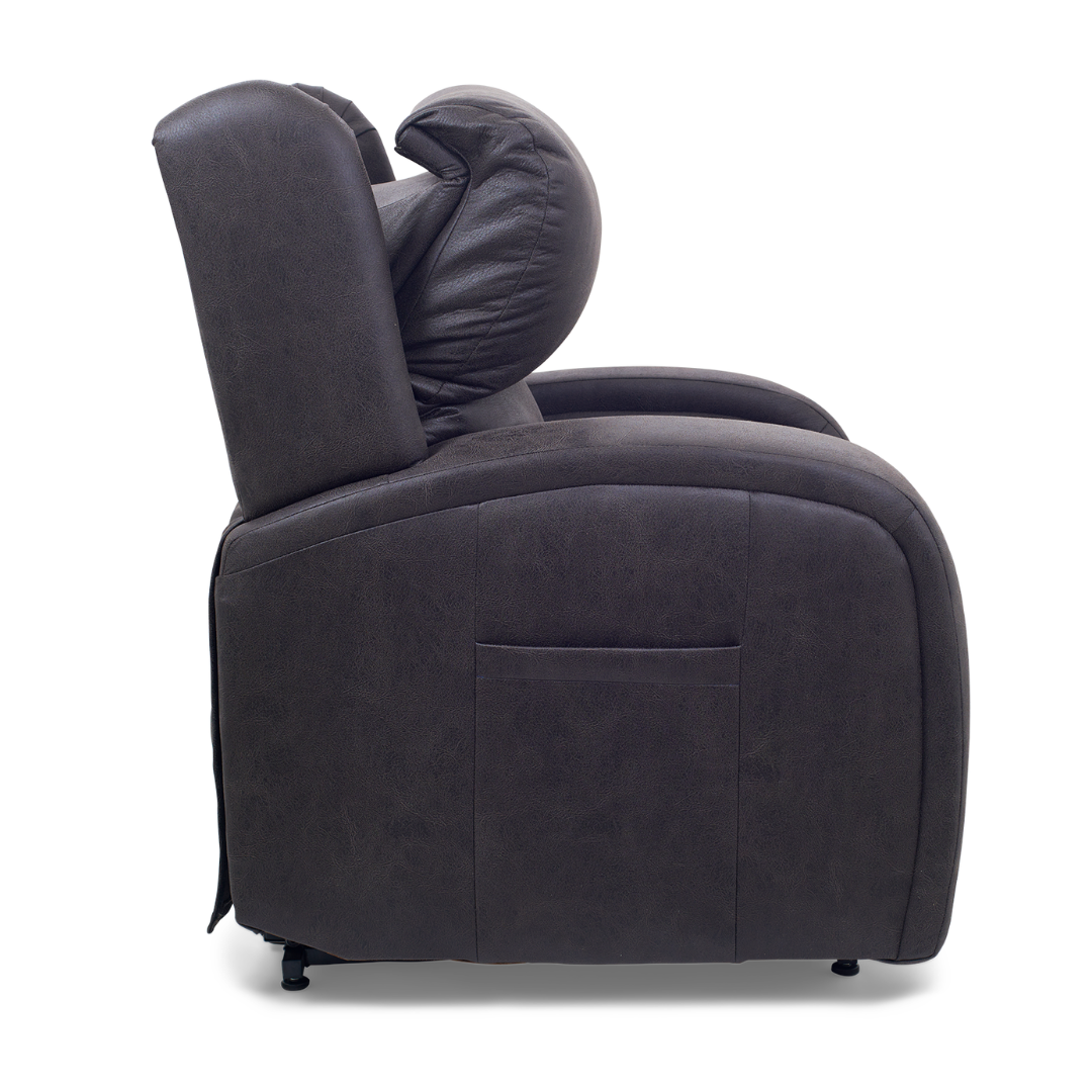 Side view of the Golden Tech PR761 EZ Sleeper Recliner in dark brown, featuring a textured surface, padded armrests, slightly reclined backrest, 5-zone comfort system, and storage pocket.