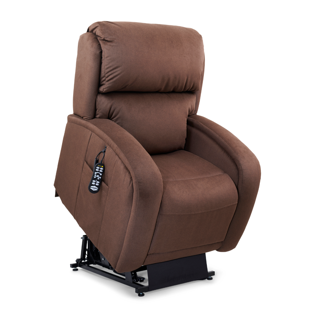 The Golden Tech PR761 EZ Sleeper Recliner in rich brown, featuring a remote on the armrest, provides unmatched comfort with its 5-Zone Comfort System and Twilight Recline. It showcases its lift assist mechanism with a slightly elevated position and soft, cushioned fabric.