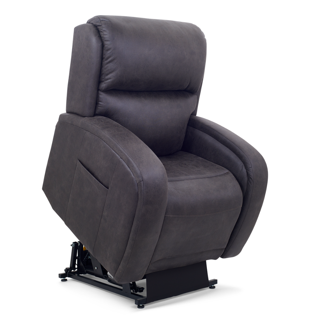 The Golden Tech PR761 EZ Sleeper Recliner, in dark brown, features plush cushioning, a rising mechanism with the advanced 5-Zone Comfort System, padded armrests, a side pocket for convenience, and lift assist with Twilight Recline for ultimate comfort and support.