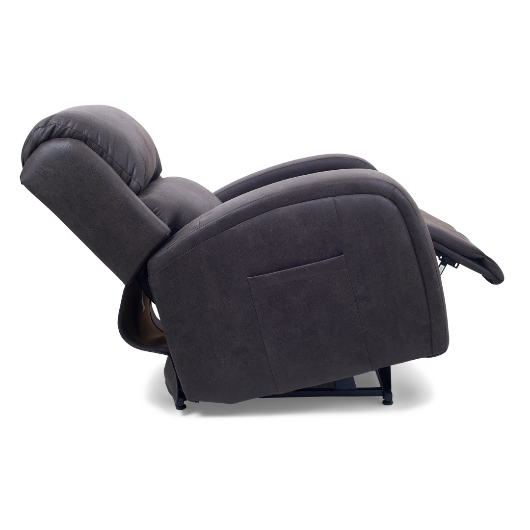 The Golden Tech PR761 EZ Sleeper Recliner offers Twilight Recline technology, dark brown upholstery, curved armrests, a side pocket, and boasts a padded backrest and adjustable leg support for comfort.