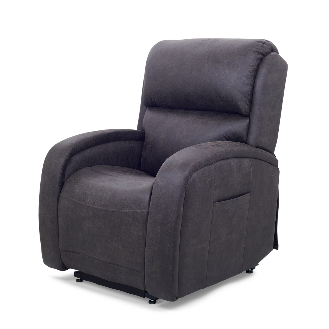 The Golden Tech PR761 EZ Sleeper Recliner with Lift Assist & Twilight Recline offers a dark brown color, padded armrests, and a plush cushioned backrest. It includes Twilight Tilt Technology for relaxation and a side storage pocket, making it perfect for living rooms or offices.