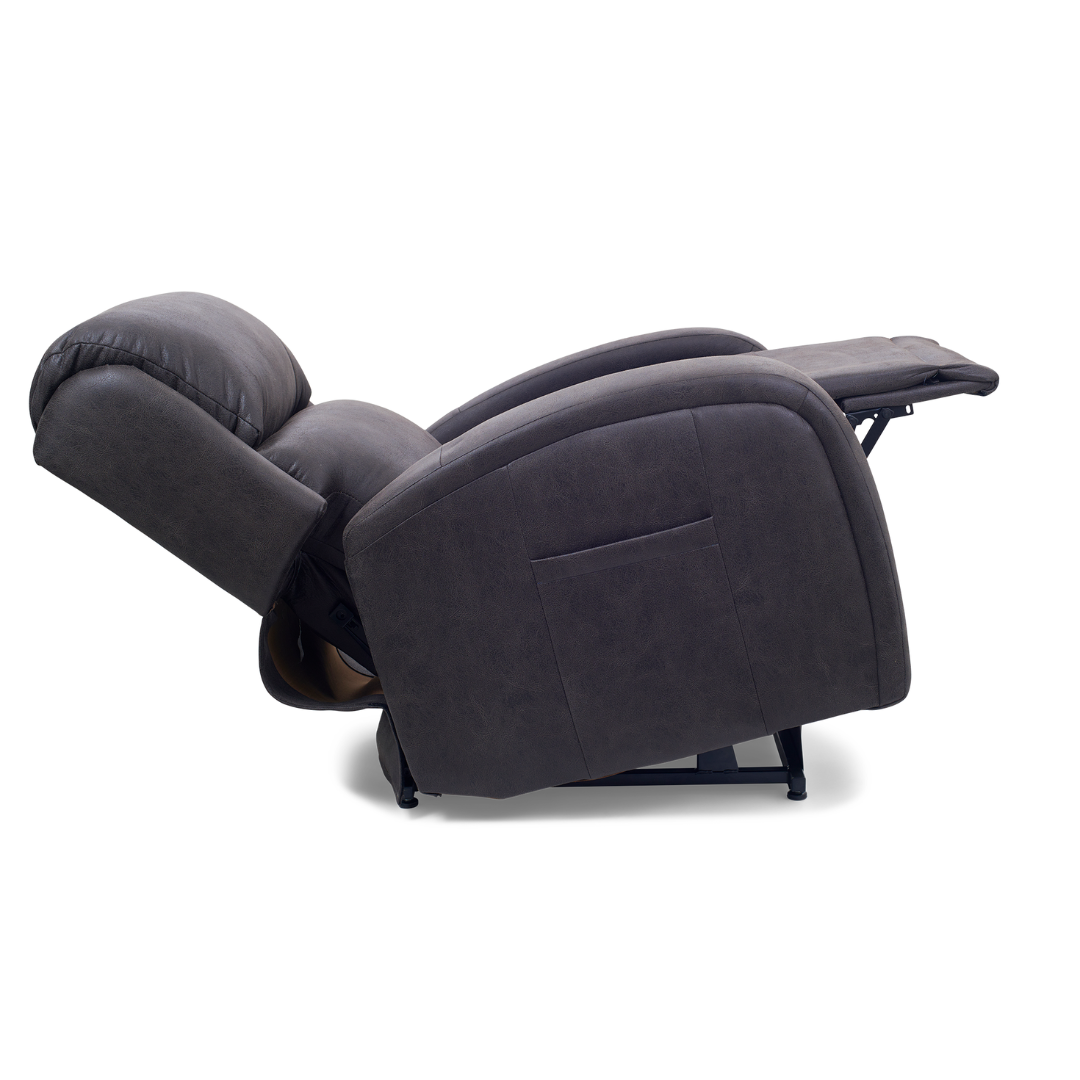 Side view of a fully reclined dark brown Golden Tech PR761 EZ Sleeper, highlighting its padded backrest, seat, and extended footrest. This Power Lift Recliner features soft fabric upholstery and is designed with the 5-Zone Comfort System for enhanced relaxation.