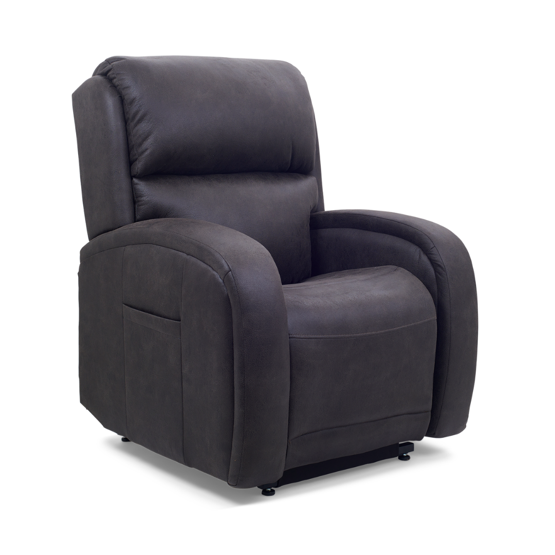 The Golden Tech PR761 EZ Sleeper Recliner with Lift Assist & Twilight Recline features a plush dark brown design, padded backrest, curved armrests, side pocket, and sleek lines. The Twilight Tilt Technology adds a modern touch, ideal for living rooms or home theaters.