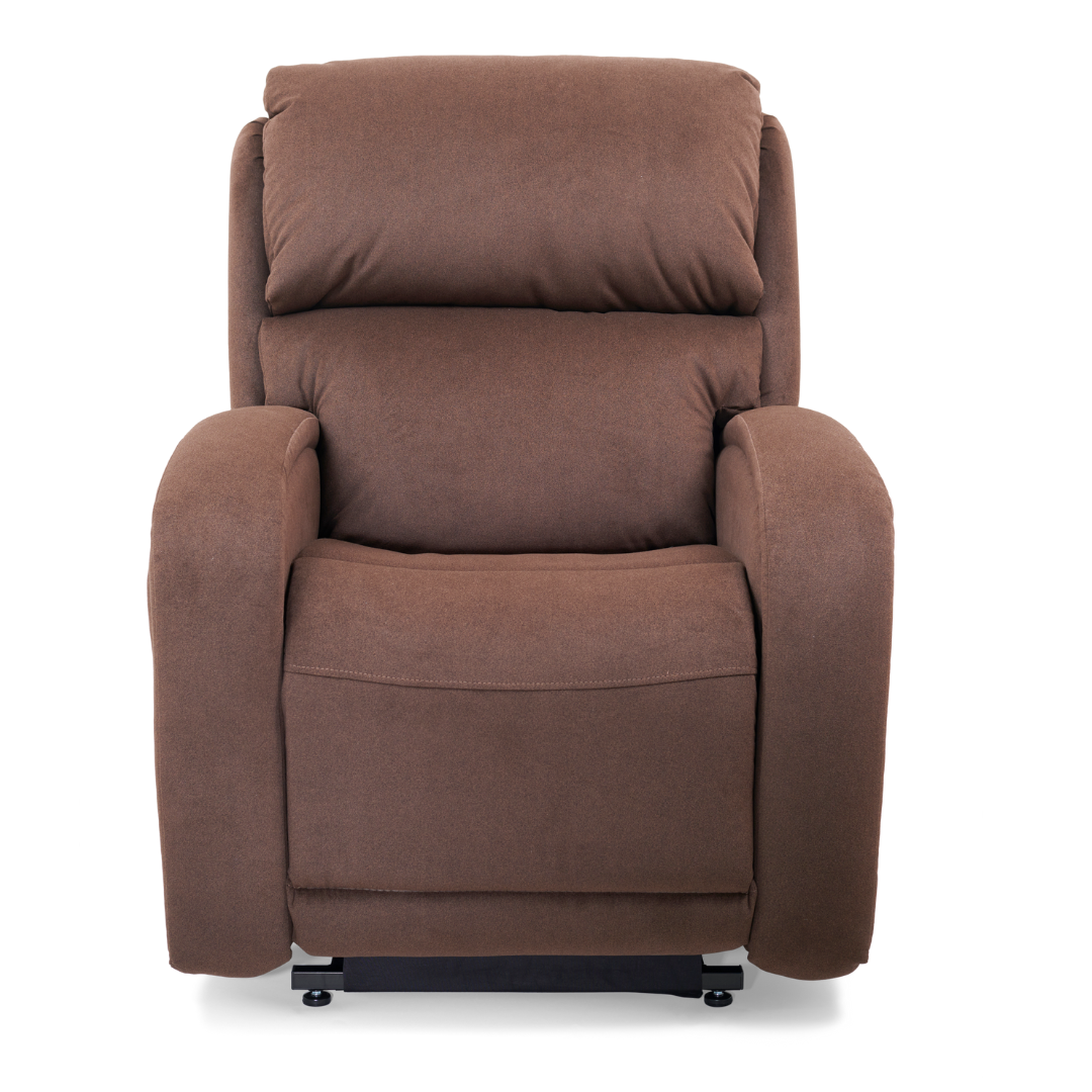 The Golden Tech PR761 EZ Sleeper Recliner in brown upholstery features cushioned armrests, a headrest, Twilight Tilt Technology, and MaxiComfort Positioning for optimal comfort, displayed from the front against a white background.